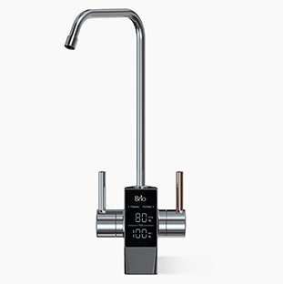 A modern, chrome kitchen faucet with a digital display screen showing temperature readings, and two levers for controlling water flow, one on each side.